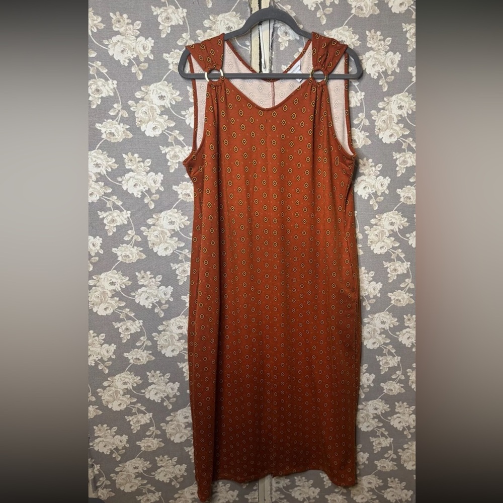 Liz Claiborne Long Maxi Sleeveless Dress Size Xl Orange With Geometric Design.